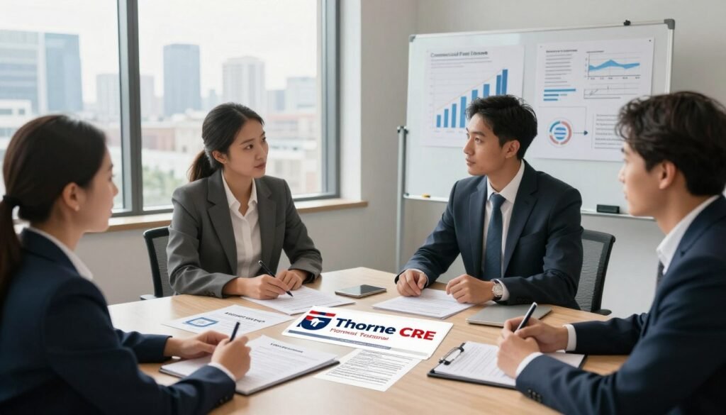 A professional office setting showcasing various Commercial Real Estate (CRE) loan types. In the foreground, a diverse group of three business professionals, dressed in smart business attire, are engaged in a discussion around a modern conference table. On the table, neatly arranged documents represent different loan options, with a visually striking "Thorne CRE" logo prominently displayed. In the middle ground, a large window reveals a city skyline, casting natural light into the room, creating an inviting atmosphere. In the background, a whiteboard filled with graphs and charts illustrates loan details, enhancing the focus on financial strategies. Soft, warm lighting creates a motivational ambiance, encouraging informed decision-making in a collaborative space. The angle is slightly elevated, capturing the entire scene from above, allowing viewers to absorb the depth of the loan selection process.