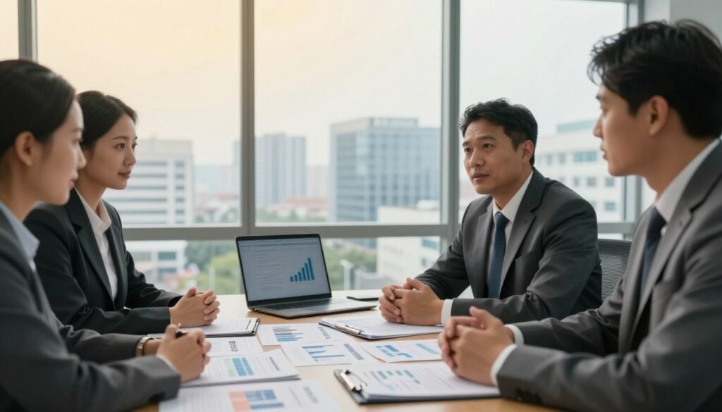 A professional office setting that conveys "healthcare real estate risks," featuring a diverse group of three individuals in formal business attire engaged in a strategic meeting. In the foreground, a table covered with risk assessment documents, financial graphs, and digital devices. The middle ground displays a large boardroom window with a cityscape view, hinting at the urban backdrop of healthcare facilities. In the background, subtle imagery of hospitals and clinics can be seen, blending into the horizon, suggesting the real estate aspect. Soft, natural lighting casts a warm glow, while a slight overhead angle captures the engaged expressions of the group. The mood is focused and analytical, effectively reflecting risk assessment and mitigation strategies. Include the brand name “Thorne CRE” subtly integrated into the design elements within the image. A professional office setting that conveys "healthcare real estate risks," featuring a diverse group of three individuals in formal business attire engaged in a strategic meeting. In the foreground, a table covered with risk assessment documents, financial graphs, and digital devices. The middle ground displays a large boardroom window with a cityscape view, hinting at the urban backdrop of healthcare facilities. In the background, subtle imagery of hospitals and clinics can be seen, blending into the horizon, suggesting the real estate aspect. Soft, natural lighting casts a warm glow, while a slight overhead angle captures the engaged expressions of the group. The mood is focused and analytical, effectively reflecting risk assessment and mitigation strategies. Include the brand name “Thorne CRE” subtly integrated into the design elements within the image.