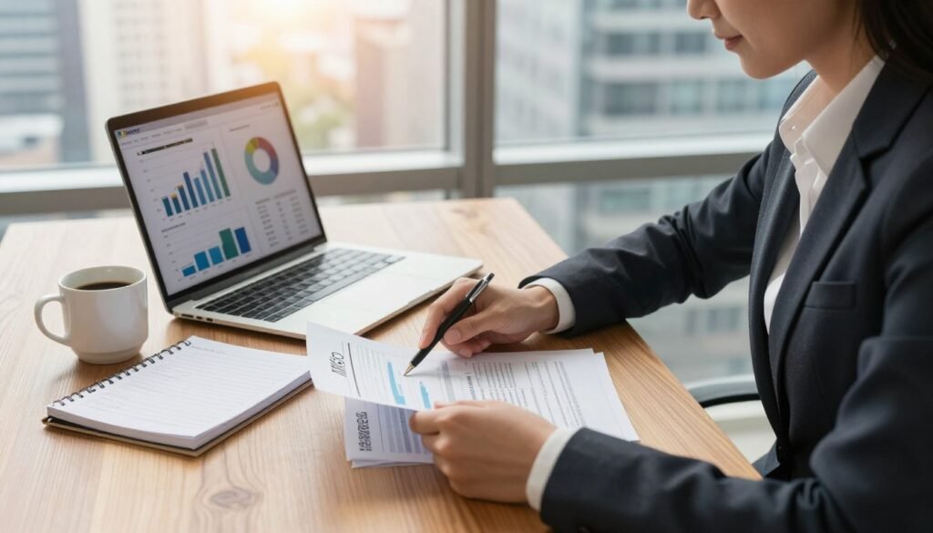 A professional office setting with a focus on preparing for a self-storage loan application. In the foreground, a well-dressed businesswoman in a sleek suit analyzing financial documents on a polished wooden desk. In the middle, an open laptop displaying graphs and charts, alongside a cup of coffee and a notepad filled with notes. The background features a bright window showcasing a vibrant cityscape, letting in warm natural light that creates a motivating atmosphere. A discreet logo of "Thorne CRE" is subtly placed on the laptop’s screen. Capture this scene from a slight overhead angle, emphasizing organization, professionalism, and readiness, with a focus on financial preparedness and strategy in the self-storage market.