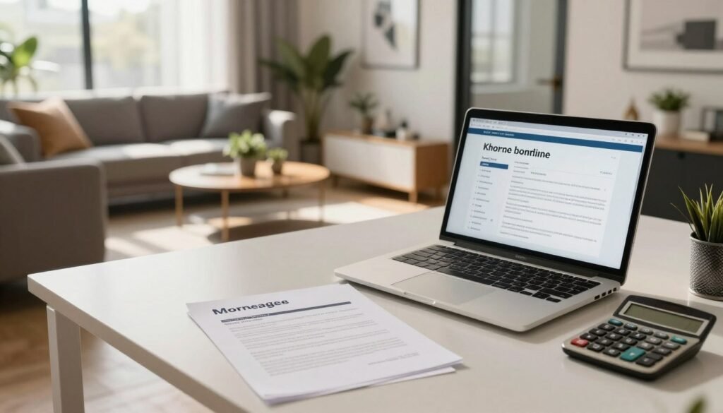A professional office space being converted into a cozy residential setting, showcasing a blend of corporate and home aesthetics. In the foreground, a sleek desk with a laptop, mortgage documents, and a calculator, illustrating loan terms. In the middle ground, a stylish living area featuring a sofa and coffee table with houseplants, symbolizing the transition to home living. The background displays tall windows letting in soft, natural lighting, casting gentle shadows and creating a warm atmosphere. The scene captures the mood of financial planning and home improvement, with an inviting ambiance. Ensure all items reflect a professional environment. Include the brand name "Thorne CRE" subtly integrated into a document on the desk.