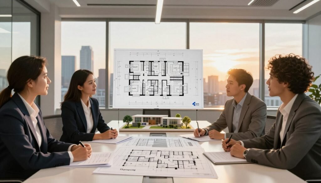 A professional office space being converted to residential use, showcasing pre-development financing options. In the foreground, a diverse group of four business professionals in smart attire, engaged in a collaborative discussion around a sleek conference table piled with architectural plans and financial documents. In the middle, large blueprints of a redesigned space featuring apartments and communal areas, alongside models of office-to-residential transformation. The background reveals a panoramic window displaying a bustling city skyline at sunset. Warm golden lighting radiates from above, casting soft shadows and creating a productive atmosphere. The logo "Thorne CRE" subtly integrated into the architectural plans on the table. A sense of excitement and innovation permeates the scene, emphasizing strategic planning for successful conversion projects. A professional office space being converted to residential use, showcasing pre-development financing options. In the foreground, a diverse group of four business professionals in smart attire, engaged in a collaborative discussion around a sleek conference table piled with architectural plans and financial documents. In the middle, large blueprints of a redesigned space featuring apartments and communal areas, alongside models of office-to-residential transformation. The background reveals a panoramic window displaying a bustling city skyline at sunset. Warm golden lighting radiates from above, casting soft shadows and creating a productive atmosphere. The logo "Thorne CRE" subtly integrated into the architectural plans on the table. A sense of excitement and innovation permeates the scene, emphasizing strategic planning for successful conversion projects.