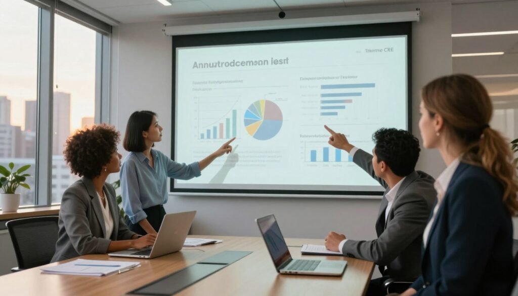 A professional office space featuring a detailed projection screen displaying seasonal financial projections. In the foreground, a diverse group of three professionals in business attire—a Black woman, a Hispanic man, and a Caucasian woman—are engaged in discussion, pointing at the screen with analytical expressions. The middle ground includes a polished conference table with laptops and financial documents, while in the background, large windows reveal a city skyline under golden hour lighting, enhancing the optimistic mood. The scene captures a sense of focus and collaboration, highlighting the intricate balance of annualized versus seasonal financial forecasting. Incorporate subtle branding elements of "Thorne CRE" in the presentation slide without overpowering the image. Use a wide-angle lens for depth and clarity, creating an inviting and productive atmosphere.