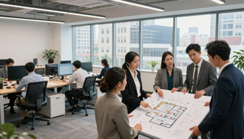 A professional office space representing occupancy requirements in commercial real estate, featuring a modern and minimalist design. In the foreground, a diverse group of professionals in business attire is engaged in a discussion over a floor plan, symbolizing property usage restrictions. In the middle ground, office desks with computers and a large conference table indicate ongoing business activities. In the background, large windows flood the room with natural light, showcasing a cityscape filled with various commercial buildings. The lighting is bright and inviting, creating a productive atmosphere. The scene conveys specificity around occupancy regulations, emphasizing the importance of understanding property usage for successful financing. The brand "Thorne CRE" is subtly integrated into the office design elements. Use a lens that captures the entire room with a slight depth of field to focus on the group.