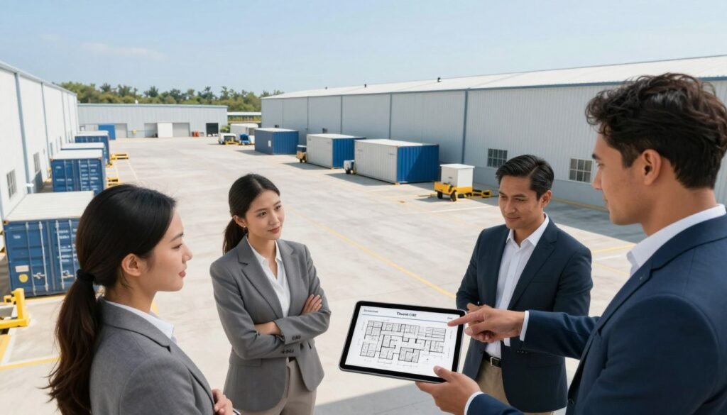 A professional outdoor setting representing a leasing concept for industrial storage properties. In the foreground, a diverse group of business professionals in smart attire discusses lease agreements, pointing at a digital tablet displaying property layouts. The middle features a spacious, clean outdoor storage yard, showcasing organized containers and equipment, symbolizing efficiency and opportunity. In the background, large industrial buildings and a clear blue sky create a bright, optimistic atmosphere. Soft, natural lighting enhances the scene, with the angle capturing a slight aerial view, suggesting a strategic overview. The branding "Thorne CRE" subtly integrated into the digital tablet on the foreground adds a touch of professionalism, embodying a confident mood in the investment realm.