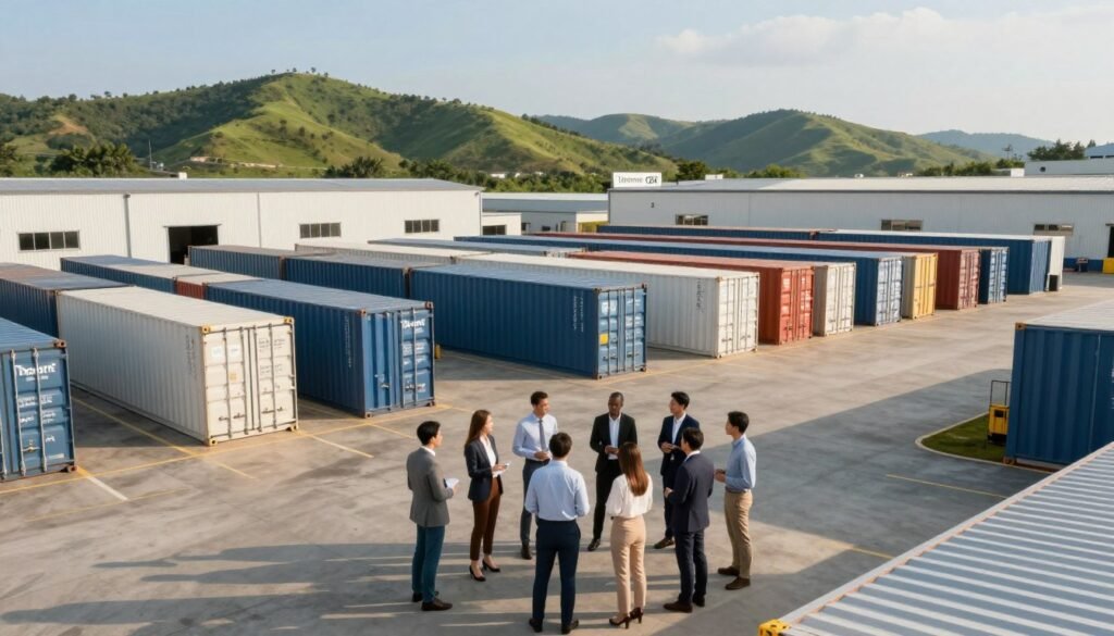 A professional outdoor storage financing scene featuring a modern industrial yard. In the foreground, a diverse group of business professionals in smart casual attire discusses financing options. The middle ground showcases organized rows of containers and heavy-duty storage facilities, reflecting a practical yet efficient use of space. In the background, there are rolling green hills and a clear blue sky, suggesting a productive environment. The image is illuminated by warm, natural daylight, casting soft shadows, and captured from a slightly elevated angle to highlight both the storage area and the discussion. The overall mood conveys collaboration and opportunity, subtly incorporating the brand name "Thorne CRE" within the aesthetic of the storage area without overt branding.
