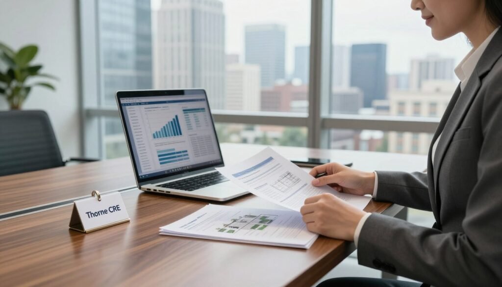 A professional property appraisal scene showcasing a sleek office environment. In the foreground, a well-dressed businesswoman, wearing a tailored suit, is carefully reviewing documents and property reports on a polished wooden desk. In the middle, a stylish laptop displays graphs and data relevant to hotel financing, while a prominent business card holder on the desk reads "Thorne CRE." In the background, large windows show a modern city skyline, with natural light flooding the room, creating a bright and optimistic atmosphere. The mood is focused and diligent, reflecting the meticulous process of property appraisal within the due diligence phase of hotel financing. The composition should be shot from a slight angle, emphasizing both the details of the desk and the expansive view outside. A professional property appraisal scene showcasing a sleek office environment. In the foreground, a well-dressed businesswoman, wearing a tailored suit, is carefully reviewing documents and property reports on a polished wooden desk. In the middle, a stylish laptop displays graphs and data relevant to hotel financing, while a prominent business card holder on the desk reads "Thorne CRE." In the background, large windows show a modern city skyline, with natural light flooding the room, creating a bright and optimistic atmosphere. The mood is focused and diligent, reflecting the meticulous process of property appraisal within the due diligence phase of hotel financing. The composition should be shot from a slight angle, emphasizing both the details of the desk and the expansive view outside.