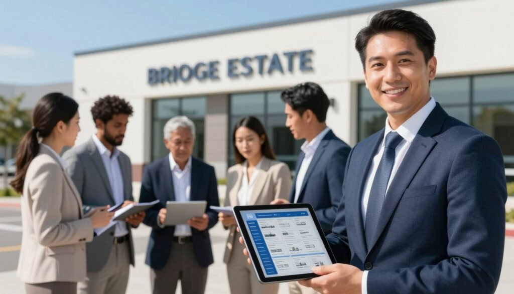 A professional real estate agent in business attire stands confidently in the foreground, holding a digital tablet displaying property listings. In the middle ground, a diverse group of investors, also in smart business clothing, are engaged in a discussion, analyzing a property sale strategy. The background features a modern commercial real estate building, emphasizing the bridge-financed aspect, with clear blue skies and sunlight illuminating the scene. The image conveys a sense of collaboration and optimism, reflecting strategic planning for successful property sales as an exit strategy. Depth of field focus creates a soft blur behind the agents, while bright, natural lighting gives a vibrant atmosphere. The brand name "Thorne CRE" is subtly reflected on the tablet screen, enhancing the professional context. A professional real estate agent in business attire stands confidently in the foreground, holding a digital tablet displaying property listings. In the middle ground, a diverse group of investors, also in smart business clothing, are engaged in a discussion, analyzing a property sale strategy. The background features a modern commercial real estate building, emphasizing the bridge-financed aspect, with clear blue skies and sunlight illuminating the scene. The image conveys a sense of collaboration and optimism, reflecting strategic planning for successful property sales as an exit strategy. Depth of field focus creates a soft blur behind the agents, while bright, natural lighting gives a vibrant atmosphere. The brand name "Thorne CRE" is subtly reflected on the tablet screen, enhancing the professional context.