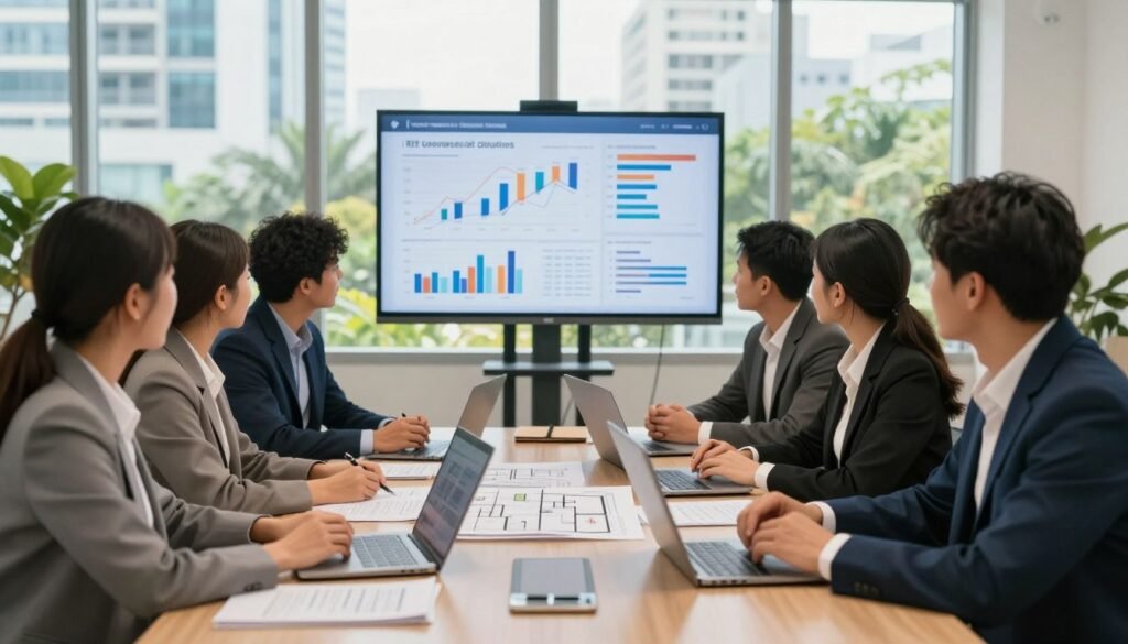 A professional real estate meeting in a modern office setting, illustrating commercial financing solutions. In the foreground, a diverse group of business professionals in smart business attire are engaged in a discussion around a large table filled with financial documents, laptops, and architectural plans. The middle layer features a detailed view of charts and graphs depicting real estate market trends on a digital screen in the background. The office has large windows that let in natural light, highlighting a vibrant view of urban Florida architecture outside. The atmosphere is focused and collaborative, evoking a sense of strategy and innovation in commercial real estate financing. Capture this scene with a warm color palette and soft lighting to create an inviting yet professional ambiance.