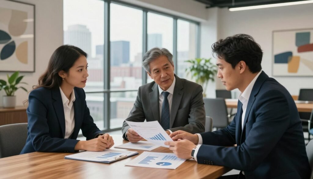 A professional real estate setting depicting a bridge loan scenario. In the foreground, a diverse group of three individuals in business attire are engaged in a thoughtful discussion, analyzing charts and documents on a sleek wooden table. The middle ground features a large window showcasing a city skyline, symbolizing opportunity and growth. In the background, a modern office with abstract art and plants adds a touch of sophistication. The lighting is bright and warm, emphasizing a productive atmosphere. The lens is slightly wide, capturing the essence of collaboration and focus on the financial nature of bridge loans. The overall mood is professional and optimistic, reflecting the ideal scenarios for using bridge loans. Include subtle branding of "Thorne CRE" on a document in the foreground.