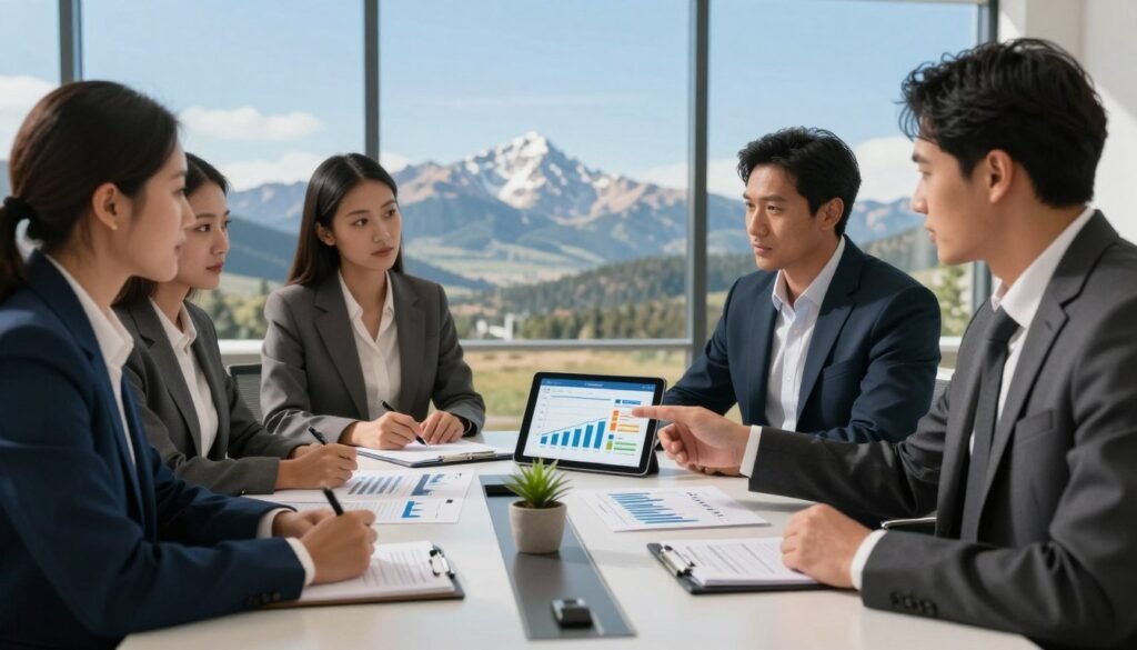 A professional risk management scene focused on debt financing and capital stack analysis. In the foreground, a diverse group of four business professionals in professional attire (two men and two women) engage in a discussion. One points to a digital tablet displaying a visual graph of risk assessment, while another takes notes. In the middle, a sleek modern conference table, adorned with financial diagrams, spreadsheets, and a potted plant. The background reveals a panoramic view of a Montana skyline under a clear blue sky, symbolizing opportunity and stability. Soft, natural lighting filters through large windows, creating a warm and collaborative atmosphere. The branding "Thorne CRE" subtly integrated into the table design. The overall mood is focused, professional, and forward-looking.