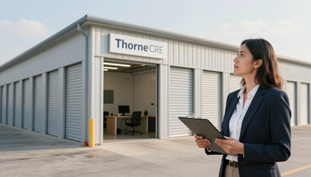 A professional self-storage facility setting, showcasing rows of modern storage units with well-maintained exteriors. In the foreground, a business professional in smart attire, holding a clipboard, looks thoughtfully at the facility, symbolizing careful financial planning. In the middle, a sleek office area can be seen with a desk and computer, representing administrative functions. The background features a clear sky, suggesting a positive business atmosphere. Soft, natural lighting enhances the scene, with warm tones to create an inviting feel. The image should subtly incorporate the brand name "Thorne CRE" on a sign within the facility, reflecting professionalism and trust. Capture this in a wide-angle view to convey the scale of the operation, while maintaining focus on the thematic elements of finance and management in the self-storage industry.