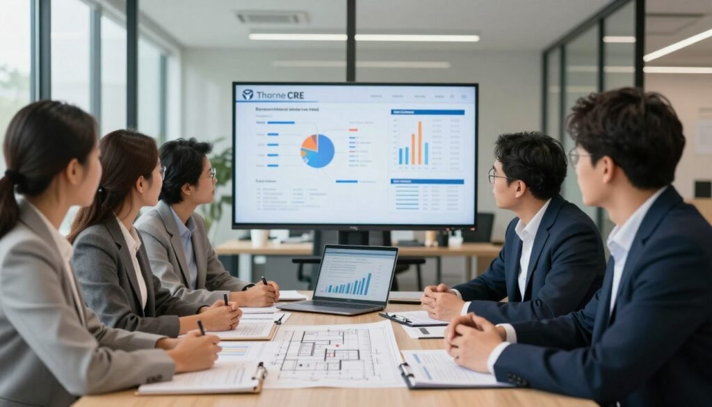 A professional setting depicting a construction budget risk management meeting. In the foreground, a diverse group of professionals in business attire is gathered around a table filled with construction blueprints, financial documents, and a laptop displaying graphs. The middle ground features a large screen with risk assessment charts and budget forecasts. In the background, a bright and modern office with large windows reflects a strategic and focused atmosphere. Natural lighting illuminates the space, creating a warm, collaborative mood. Emphasize clarity and professionalism, with individuals engaged in discussion and analysis, ensuring no distractions. Include the brand name "Thorne CRE" subtly integrated into the scene.