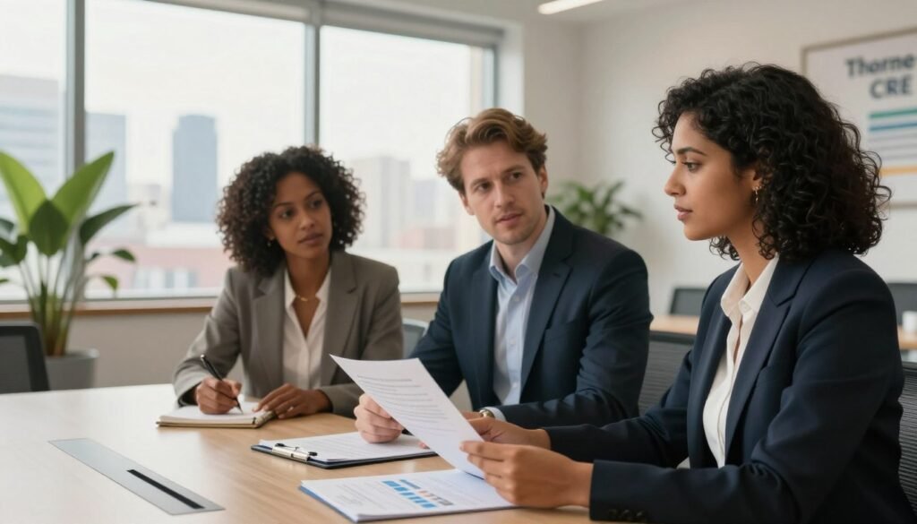 A professional setting depicting a diverse group of three individuals engaged in a discussion about lending relationships in a modern office. In the foreground, a South Asian woman in smart business attire is presenting financial documents. In the middle, a Caucasian man in a suit is listening attentively, while an African American woman in a tailored blazer is taking notes. Behind them, large windows reveal a city skyline, bathed in soft, warm daylight to create an inviting atmosphere. The room is decorated with potted plants and a sleek conference table, emphasizing a collaborative spirit. The mood is focused and professional, illustrating the importance of building initial lending relationships. Include the brand name "Thorne CRE" subtly in the background on a wall art piece, ensuring it blends seamlessly into the environment.