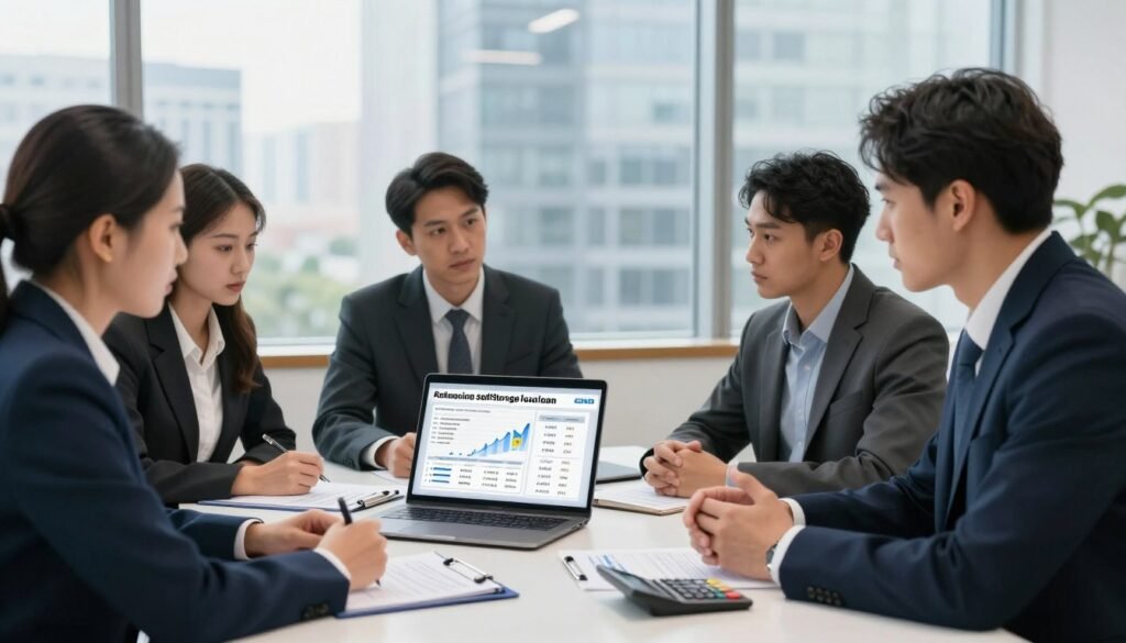 A professional setting depicting a financial advisor discussing rates and terms for refinancing self-storage loans. In the foreground, a diverse group of three professionals, two men and a woman, all dressed in smart business attire, are engaged in a serious discussion over a laptop displaying financial graphs and loan metrics. The middle ground features a sleek conference table scattered with documents highlighting interest rates, loan terms, and a calculator. The background shows a large window with natural light streaming in, softening the atmosphere and reflecting an urban skyline. The overall mood is one of focus and professionalism, with a clear emphasis on financial planning. Include elements that hint at Scalable Real Estate (Thorne CRE), implying expertise in property finance.