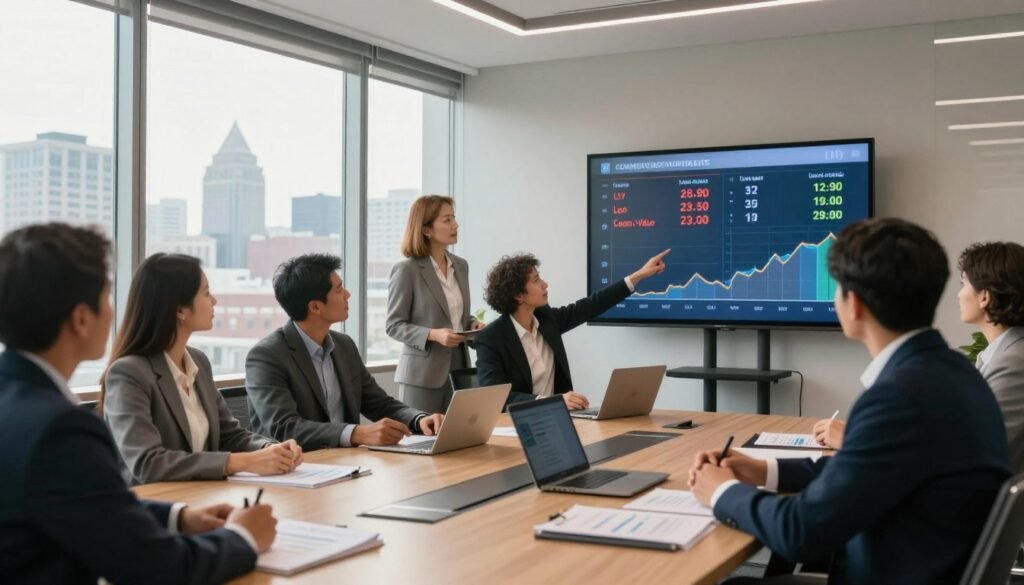A professional setting featuring a diverse group of business people in a modern office environment, engaged in a discussion about commercial mortgage rates. In the foreground, a well-dressed middle-aged woman is pointing at a floating digital display showing various mortgage rates and loan-to-value (LTV) ratios, with graphs depicting trends. The middle ground shows a sleek conference table with financial documents and a laptop, while the background comprises large windows revealing an urban Rhode Island skyline bathed in natural sunlight. Use soft lighting to create a warm and inviting atmosphere, with a wide-angle lens effect to capture the spaciousness of the room. The mood is focused and collaborative, emphasizing strategic planning and financial expertise without any text or distractions.