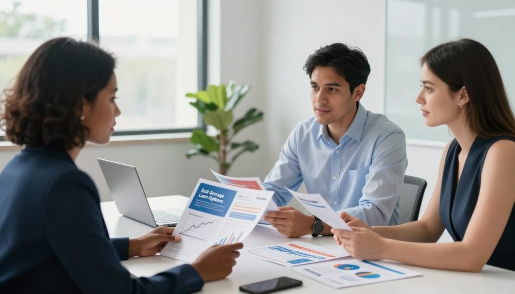 A professional setting inside a modern office space focusing on self-storage financing options. In the foreground, a diverse group of three individuals, a Black woman in a smart blazer, a Hispanic man in a neat shirt, and a Caucasian woman in a professional dress, are engaged in discussion, reviewing a colorful brochure titled "Self-Storage Loan Options." The middle ground features a sleek conference table with laptops, graphs, and charts depicting market analysis. The background displays large windows with sunlight streaming in, illuminating the room and enhancing the atmosphere of collaboration and innovation. The overall mood conveys professionalism and optimism about investment opportunities. The image should feature the branding “Thorne CRE” subtly integrated into the design of the brochures on the table, ensuring it maintains a clean and professional appearance.
