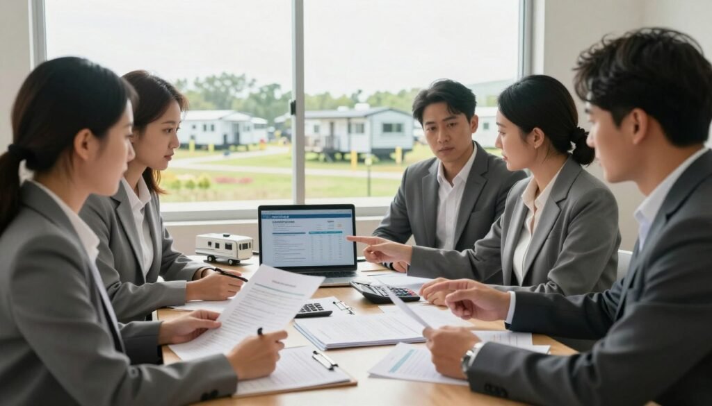 A professional setting showcasing a mobile home park financing meeting. In the foreground, a diverse group of four professionals discuss financing options, with one woman looking at paperwork, while another points at a laptop screen displaying financing figures. They are dressed in smart business attire, exuding a serious yet collaborative atmosphere. In the middle, a table cluttered with documents, a calculator, and a model of a mobile home. The background features a clear window view of a mobile home park under bright daylight, emphasizing the investment aspect. Soft natural light illuminates the scene, casting gentle shadows, while a shallow depth of field keeps the focus on the professionals. The overall mood is focused and proactive, conveying a sense of opportunity in mobile home financing. Thorne CRE logo subtly included on the laptop screen.