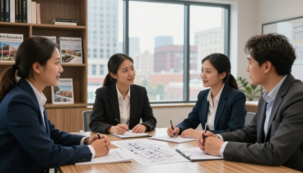 A professional setting showcasing a sleek, modern office space related to commercial real estate financing. In the foreground, a diverse group of three business professionals in smart attire are engaged in a discussion around a polished conference table, with sketches of properties and financial documents scattered across it. The middle layer features large windows allowing natural light to flood the room, highlighting the cityscape of Minnesota outside, with notable architectural buildings visible. In the background, a bookshelf filled with real estate books and financial magazines adds depth. The image should capture a collaborative, optimistic atmosphere, with warm lighting emphasizing professionalism and trust, all while maintaining a focus on teamwork and strategic planning for stronger business qualifications and terms.