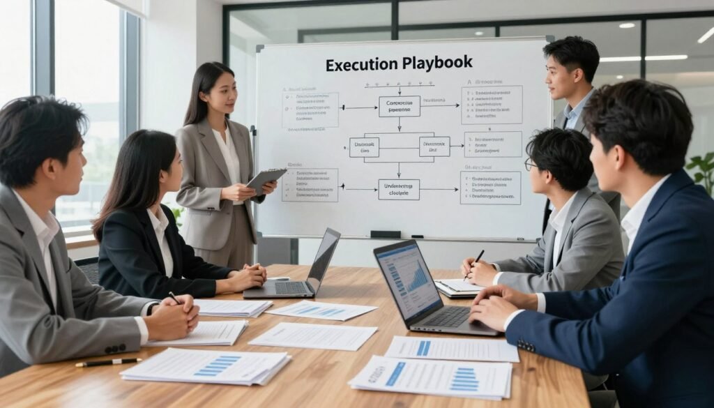 A professional setting showcasing an "Execution Playbook" for commercial property transactions. Foreground: a large wooden table with neatly arranged documents, a laptop open displaying financial graphs, professional business attire-clad individuals engaged in discussion. Middle ground: an expansive whiteboard filled with strategic plans, capital stack diagrams, and flowcharts illustrating the underwriting to closing process. Background: a modern office environment with large windows allowing natural light to flood in, creating a bright and optimistic atmosphere. The overall mood is collaborative and focused, highlighting teamwork and expertise in the real estate investment process. Thorne CRE branding subtly integrated into the scene, like a logo on the documents, enhancing the professional context. A professional setting showcasing an "Execution Playbook" for commercial property transactions. Foreground: a large wooden table with neatly arranged documents, a laptop open displaying financial graphs, professional business attire-clad individuals engaged in discussion. Middle ground: an expansive whiteboard filled with strategic plans, capital stack diagrams, and flowcharts illustrating the underwriting to closing process. Background: a modern office environment with large windows allowing natural light to flood in, creating a bright and optimistic atmosphere. The overall mood is collaborative and focused, highlighting teamwork and expertise in the real estate investment process. Thorne CRE branding subtly integrated into the scene, like a logo on the documents, enhancing the professional context.