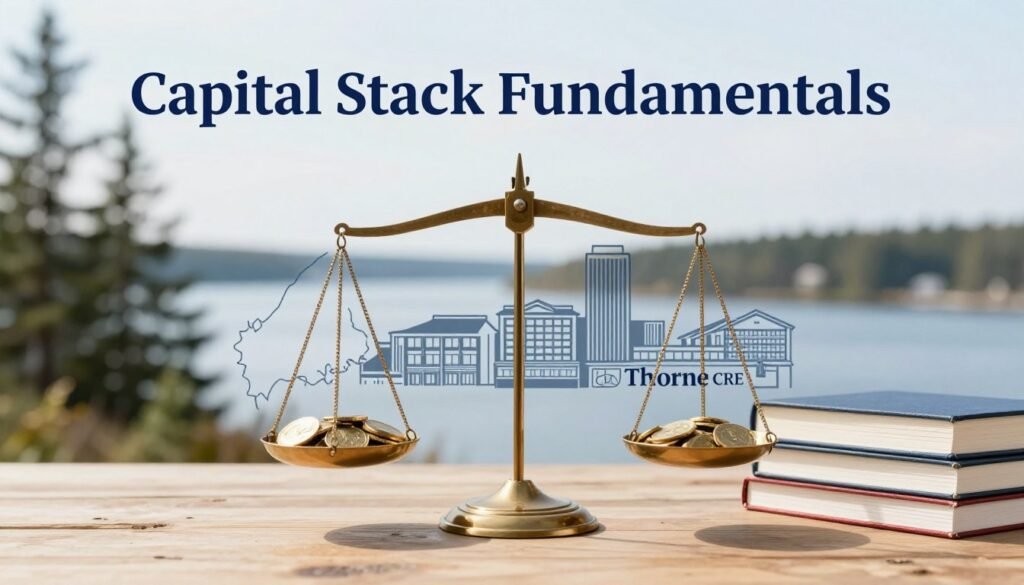 A professional setting showcasing the concept of "Capital Stack Fundamentals" for Maine's commercial real estate projects. In the foreground, a balanced scale representing debt and equity, with visually distinct elements like gold coins on one side and stacked books symbolizing investment knowledge on the other. In the middle, an outline of Maine’s skyline featuring modern buildings with commercial attributes. The background includes subtle hints of Maine’s natural landscape, like pine trees and waterways, to emphasize the region's character. The scene is illuminated with soft, natural lighting to evoke trust and professionalism, captured from a slight upward angle to convey growth and opportunity. The brand name "Thorne CRE" integrated elegantly into the design without text overlays.