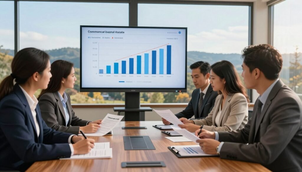 A professional setting showcasing underwriting practices in West Virginia commercial real estate. In the foreground, a diverse group of four professionals in business attire are reviewing financial documents at a polished wooden conference table, their expressions focused and engaged. The middle ground features a large wall-mounted screen displaying graphs and charts related to debt and equity capital stacks. In the background, a panoramic view of the West Virginian landscape with rolling hills and a clear blue sky visible through large, sunlit windows. The lighting is warm and inviting, highlighting the collaborative atmosphere. The scene conveys a sense of diligence and professionalism, with the brand name "Thorne CRE" subtly incorporated in the design of the conference materials. A professional setting showcasing underwriting practices in West Virginia commercial real estate. In the foreground, a diverse group of four professionals in business attire are reviewing financial documents at a polished wooden conference table, their expressions focused and engaged. The middle ground features a large wall-mounted screen displaying graphs and charts related to debt and equity capital stacks. In the background, a panoramic view of the West Virginian landscape with rolling hills and a clear blue sky visible through large, sunlit windows. The lighting is warm and inviting, highlighting the collaborative atmosphere. The scene conveys a sense of diligence and professionalism, with the brand name "Thorne CRE" subtly incorporated in the design of the conference materials.