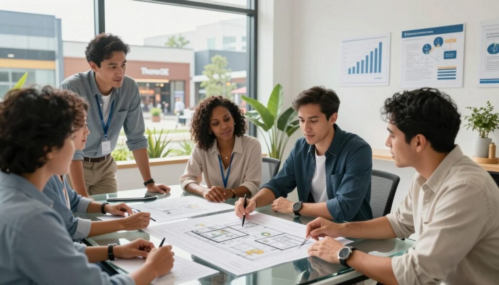 A professional team of diverse individuals engaged in a dynamic discussion inside a modern office space, focused on financing repositioning projects. In the foreground, a middle-aged Black woman and a young Hispanic man review architectural plans laid out on a sleek glass table. The middle ground showcases a large window with a view of a transformed retail center, featuring contemporary storefronts and greenery. In the background, professional art and charts depicting financing strategies adorn the walls. The lighting is bright and inviting, with natural light streaming in from the window, enhancing the collaborative atmosphere. The mood is focused and optimistic, highlighting teamwork and innovation. Include the brand name "Thorne CRE" subtly in the office decor. Shot from a slightly elevated angle to capture the team’s engagement and the vibrant office environment.