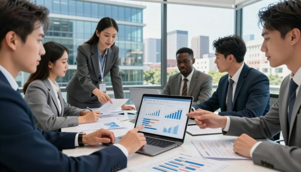 A professional team of diverse individuals in business attire collaborates around a large conference table, analyzing charts and graphs detailing investment strategies for industrial and multifamily properties in South Carolina. The foreground features hands pointing at financial data on a sleek laptop and printed reports. In the middle ground, there’s a modern glass building visible through large windows, symbolizing growth and innovation in real estate. The background shows a vibrant skyline under bright, natural lighting, evoking an optimistic atmosphere. Use a slightly elevated angle for a dynamic perspective. The scene subtly incorporates the logo "Thorne CRE" as part of the visual elements, maintaining a focus on teamwork and strategic performance in a corporate environment.