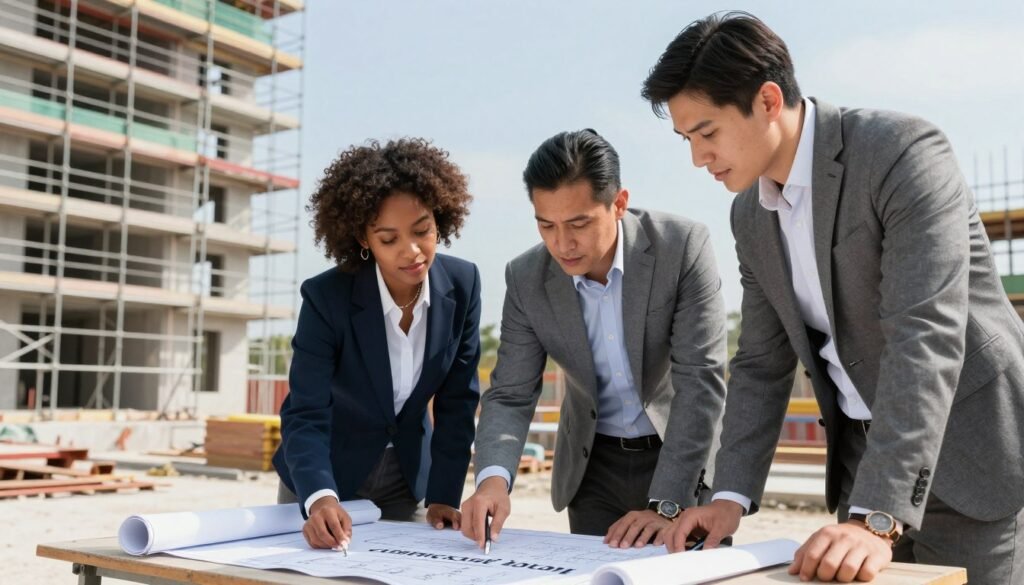 A professional team of diverse individuals, including a Black woman and a Hispanic man, dressed in business attire, collaborates on a construction site. In the foreground, they are examining blueprints and plans spread out on a table, highlighting their focus on securing the right commercial loan. The middle ground features scaffolding and partially constructed buildings, symbolizing growth and potential in commercial real estate. The background shows a clear blue sky, allowing natural light to illuminate the scene, creating a bright and optimistic atmosphere. The angle captures both the team and the construction site, emphasizing teamwork and strategic planning.