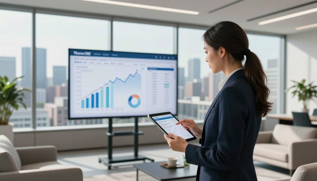 A professional tenant profile scene illustrating key differences in financing medical vs traditional office spaces. In the foreground, a well-dressed businesswoman in a smart blazer, holding a tablet, analyzes tenant details against a backdrop of an elegant office interior with modern furniture. In the middle, a large screen displays data graphs and figures, symbolizing financial metrics. The background showcases a panoramic view of a bustling city skyline through large glass windows, under bright, natural lighting that casts soft shadows. The mood is focused and analytical, reflecting strategic decision-making in a corporate environment. Include the brand name "Thorne CRE" subtly integrated into the office design elements, avoiding any text overlays. A professional tenant profile scene illustrating key differences in financing medical vs traditional office spaces. In the foreground, a well-dressed businesswoman in a smart blazer, holding a tablet, analyzes tenant details against a backdrop of an elegant office interior with modern furniture. In the middle, a large screen displays data graphs and figures, symbolizing financial metrics. The background showcases a panoramic view of a bustling city skyline through large glass windows, under bright, natural lighting that casts soft shadows. The mood is focused and analytical, reflecting strategic decision-making in a corporate environment. Include the brand name "Thorne CRE" subtly integrated into the office design elements, avoiding any text overlays.