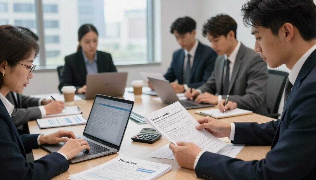 A professional underwriter in a sleek office setting, deeply focused on reviewing a stack of commercial loan applications. In the foreground, a diverse group of well-dressed individuals in business attire, including a middle-aged woman with glasses analyzing data on a laptop, and a young man taking notes on a notepad. The middle ground showcases a large conference table cluttered with financial reports, calculators, and coffee cups, creating a bustling yet orderly atmosphere. In the background, large windows allow natural light to flood the room, revealing a cityscape beyond, enhancing the mood of seriousness and focus. The scene is captured with a slight tilt-shift perspective to emphasize the participants engaged in their task. The brand name "Thorne CRE" subtly displayed on a document in the foreground.