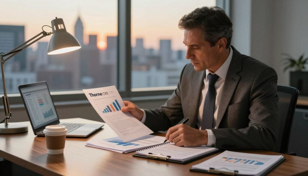 A professional underwriter seated at a sleek wooden desk, reviewing a stack of financial documents, meticulously organized with graphs and charts, illuminated by a soft, warm desk lamp. The underwriter, a middle-aged Caucasian male in a tailored suit, appears focused, jotting notes on a legal pad. In the background, a large window reveals a city skyline, bathed in the golden hues of sunset, creating an atmosphere of diligence and professionalism. The foreground features a coffee cup and a laptop displaying financial data. The overall mood is serious and industrious, emphasizing the importance of the underwriting process. The image should reflect attention to detail, clarity, and focus on a structured workflow in finance, branded with "Thorne CRE."