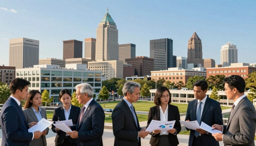 A professional urban landscape reflecting the theme of "capital gains tax" amid the backdrop of Missouri's skyline. In the foreground, a diverse group of business professionals in business attire, engaged in a discussion over financial documents and charts, representing collaboration and planning. The middle ground features modern buildings with green spaces, symbolizing growth and opportunity in commercial real estate (CRE). The background showcases iconic landmarks from Kansas City and St. Louis, under a clear blue sky, illuminated by warm sunlight to evoke a sense of optimism and potential. Use a wide-angle lens perspective to capture a dynamic view, enhancing the atmosphere of active engagement in capital planning. The image should subtly incorporate the logo of "Thorne CRE" into the scene, blending it seamlessly with the environment.