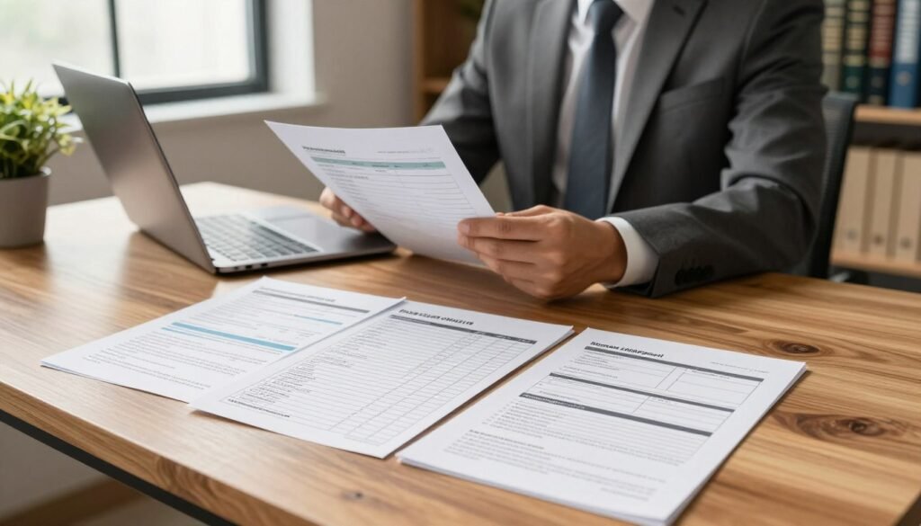 A professional workspace featuring a detailed documents checklist on a sleek, wooden desk. In the foreground, the checklist is neatly organized, showcasing a variety of essential documents like financial statements, risk assessments, and approval forms, all printed on high-quality paper. Beside the checklist, a stylish laptop displays a spreadsheet, hinting at analysis in progress. In the middle background, a well-dressed individual, wearing a tailored suit, is examining the documents with a focused expression, emphasizing professionalism and diligence. Warm, natural lighting from a nearby window casts a soft glow over the scene, creating an inviting yet serious atmosphere. The backdrop subtly hints at an office environment, with shelves filled with legal books and potted plants. The brand "Thorne CRE" is subtly integrated into the desk accessories.