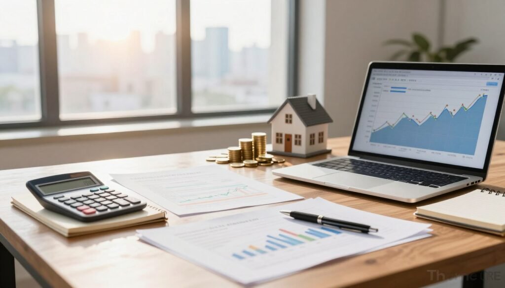 A professional workspace showcasing various financial assets. In the foreground, a well-organized wooden desk cluttered with documents and a laptop displaying financial graphs. Scattered on the desk are a calculator, a notepad, and a pen. The middle ground features a large window with natural light pouring in, illuminating a stack of gold coins, a miniature house, and stock certificates that symbolize investment options. In the background, a subtle city skyline visible through the window signifies growth and opportunity. The atmosphere is focused and optimistic, conveying a sense of strategic planning and decision-making. Include a subtle watermark of "Thorne CRE" in the bottom corner. Use soft lighting to create a warm, inviting mood, with a slight lens flare enhancing the overall composition. A professional workspace showcasing various financial assets. In the foreground, a well-organized wooden desk cluttered with documents and a laptop displaying financial graphs. Scattered on the desk are a calculator, a notepad, and a pen. The middle ground features a large window with natural light pouring in, illuminating a stack of gold coins, a miniature house, and stock certificates that symbolize investment options. In the background, a subtle city skyline visible through the window signifies growth and opportunity. The atmosphere is focused and optimistic, conveying a sense of strategic planning and decision-making. Include a subtle watermark of "Thorne CRE" in the bottom corner. Use soft lighting to create a warm, inviting mood, with a slight lens flare enhancing the overall composition.