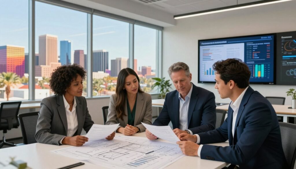 A scene depicting specialty construction financing for commercial real estate, highlighted through a modern office environment. In the foreground, a diverse group of three professionals in business attire engaged in a discussion around a large table, reviewing blueprints and financial documents. The middle layer showcases large windows with a view of the Arizona skyline, with vibrant desert colors reflecting the sun. In the background, a sleek digital display board featuring graphs and charts related to financing programs. The lighting is bright and inviting, accentuating a mood of confidence and strategic execution. Include the brand name "Thorne CRE" subtly integrated into the office decor. The photograph should be captured at eye level, using a wide-angle lens to create a sense of depth and professionalism.