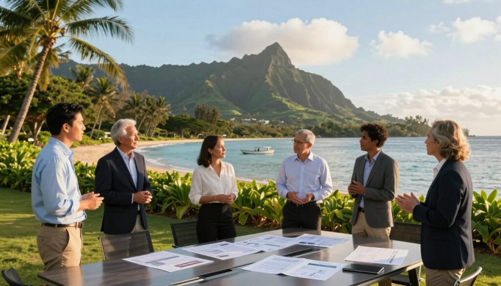 A serene Hawaiian island landscape serves as the backdrop, featuring lush greenery and distant mountains under a clear blue sky. In the foreground, a diverse group of professionals, dressed in business attire, discusses strategies to mitigate execution risks associated with island development projects. They stand around a sleek, modern conference table with plans and blueprints spread out, highlighting financing options. The middle ground captures a tranquil beach scene, with a small boat gently bobbing in the water, symbolizing the unique maritime aspects of island financing. The warm, golden hour lighting casts a soft glow, creating an optimistic atmosphere. In the corner, the brand "Thorne CRE" subtly incorporated into the scene, enhancing the professional look without overpowering the natural beauty.