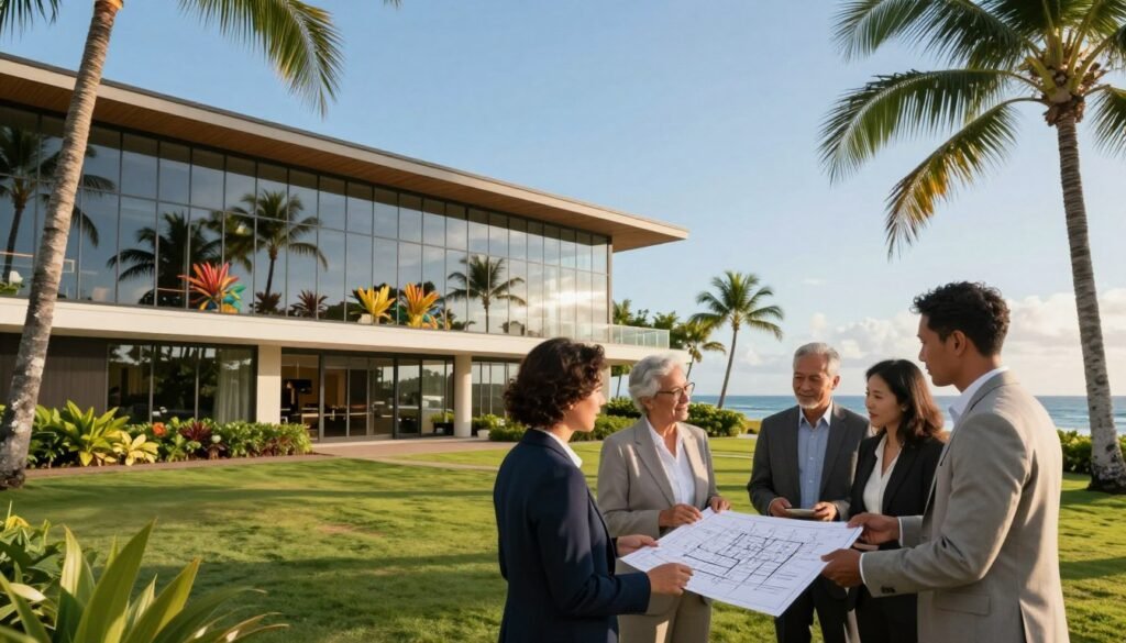 A serene Hawaiian landscape featuring a modern commercial building that represents the essence of bridge loans in real estate financing. In the foreground, a diverse group of business professionals in smart business attire, engaged in a discussion while examining architectural plans. The middle ground showcases the building with glass facades reflecting the vibrant tropical foliage, symbolizing growth and opportunity. The background features the stunning Hawaiian coastline under a clear blue sky, with palm trees swaying gently in the breeze. Soft, warm lighting casts a welcoming glow, enhancing the image's positive atmosphere. The composition is captured with a wide-angle lens to encompass the beauty of the environment, creating a harmonious balance between the man-made structure and nature.