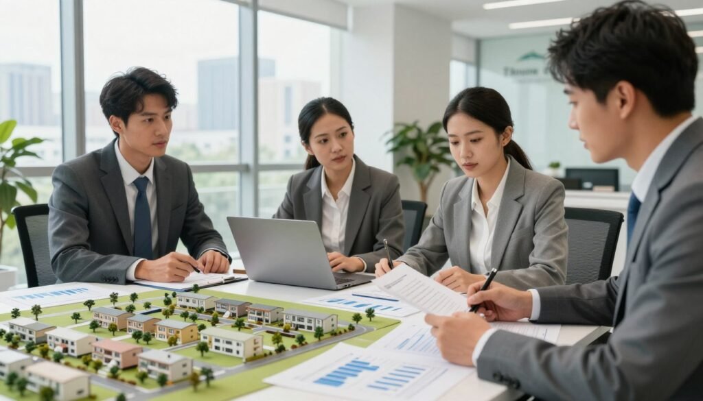 A serene bank office interior showcasing a professional meeting about financing options for mobile home parks. In the foreground, a diverse group of three business professionals, two men and one woman, are engaged in a focused discussion. They are dressed in professional business attire, with a laptop and financial documents laid out, emphasizing their serious analysis. The middle of the scene shows a large table adorned with graphs, spreadsheets, and a model of a mobile home park, symbolizing investment opportunities. In the background, large windows bathe the room in natural light, with a city skyline visible, conveying a rich, trustworthy atmosphere. The overall mood is optimistic and professional, highlighting the importance of choosing bank financing for mobile home parks. Thorne CRE logo subtly integrated into the scene as a hint of branding.