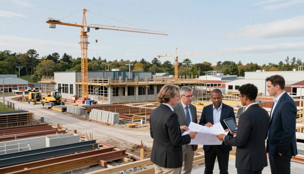 A serene construction site set in a bustling Maine town, with a focus on a partially completed modern commercial building surrounded by construction equipment. In the foreground, a diverse group of professionals in business attire discusses plans, surveying the site with blueprints and digital tablets in hand. The middle features cranes and scaffolding actively working, while construction materials like steel beams and concrete blocks are neatly organized nearby. In the background, the Maine landscape is visible, with trees and a clear blue sky. Soft, natural lighting creates a productive atmosphere, emphasizing teamwork and progress in construction financing. The angle is slightly elevated, showcasing the site’s scale while keeping the focus on the professionals.