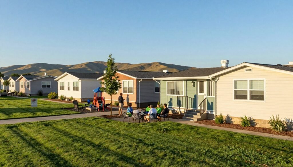 A serene mobile home community under a clear blue sky, showcasing a well-maintained neighborhood. In the foreground, a vibrant green lawn with a few neatly lined mobile homes, highlighting various architectural styles with colorful facades. The middle ground features a cozy communal area with outdoor seating, surrounded by a small playground and lush landscaping that adds a sense of community. In the background, rolling hills add depth to the scene, with soft, natural light illuminating the setting, creating a warm and inviting atmosphere. The image captures a sense of stability and opportunity in the housing market, suitable for an audience exploring mobile home park investments. Professional individuals in modest casual clothing can be seen discussing in the gathering area, embodying a thriving community. Thorne CRE logo subtly integrated into the scene.