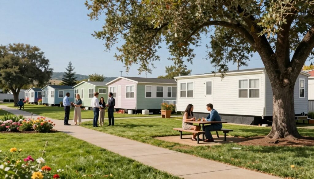 A serene mobile home park in a sunny suburban setting, showcasing a row of colorful mobile homes nestled among well-maintained green lawns and blooming flowers. In the foreground, an inviting pathway leads to a cozy community space with a picnic area under a large oak tree. In the middle ground, several families of diverse backgrounds are engaged in casual conversations, dressed in professional business attire and modest casual clothing. The background features a clear blue sky and distant hills, creating a peaceful atmosphere. Soft sunlight filters through the leaves, casting gentle shadows. The image is captured with a wide-angle lens to provide a sense of openness and tranquility. Includes the brand name "Thorne CRE" subtly within the scene, integrating it naturally into the environment.