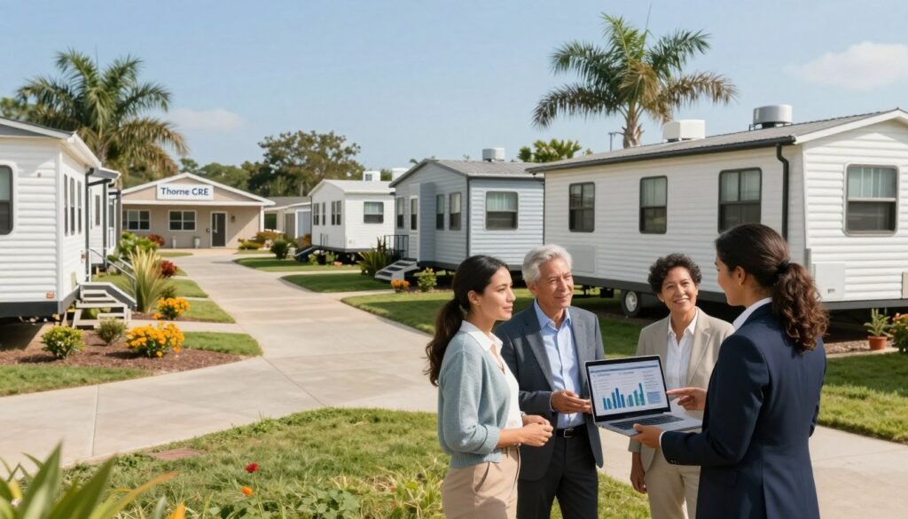 A serene mobile home park scene, showcasing a diverse array of well-maintained mobile homes nestled under a clear blue sky. In the foreground, a financial consultant in professional attire is discussing financing options with a couple, who are dressed in smart casual clothing. The consultant holds a laptop displaying financial graphs, emphasizing the business aspect of mobile home park financing. In the middle ground, a lineup of mobile homes features vibrant landscaping, while a well-defined path leads to an office building with a sign reading "Thorne CRE." The background captures a peaceful environment with trees swaying gently in the breeze, creating a hopeful and positive atmosphere. The lighting is bright and natural, emulating a midday sun. Use a wide-angle perspective to encompass the entire park while maintaining focus on the foreground conversation.