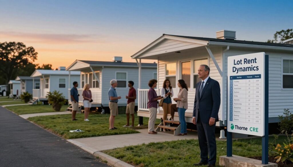 A serene mobile home park setting at sunset, showcasing several mobile homes arranged in neat rows. In the foreground, a professional, middle-aged man in a business suit stands next to a tall sign that reads "Lot Rent Dynamics" with a layout of a park pricing structure nearby, symbolizing revenue stability. In the middle ground, a diverse group of residents, dressed in modest casual clothing, interacts amicably on their porches, reflecting community engagement. The background features lush greenery, a clear sky transitioning from orange to deep blue, and soft, warm lighting that enhances the peaceful atmosphere. Capture this scene with a slight depth of field effect to focus on the subjects while the background remains artistically blurred, emphasizing a strong yet calming mood. Brand presence: "Thorne CRE" is subtly incorporated into the park's signage.