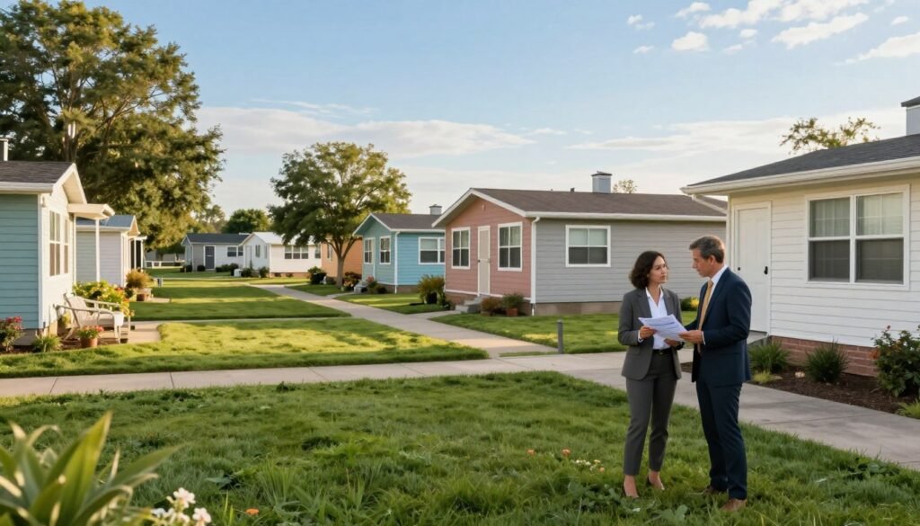 A serene mobile home park with well-maintained units, showcasing a variety of colorful homes nestled amongst lush, green lawns. In the foreground, a couple of individuals in professional business attire engage in conversation, reviewing documents symbolizing financing options. In the middle ground, rows of mobile homes create a welcoming community atmosphere with trees and flower beds lining the pathways. The background features a clear blue sky with soft, warm sunlight filtering through, casting gentle shadows that create a calm ambiance. The scene captures the balance between residential living and business opportunity, with an overall sense of community and financial potential. Include branding elements subtly integrating "Thorne CRE" into the environment, enhancing the theme of agency and financing.