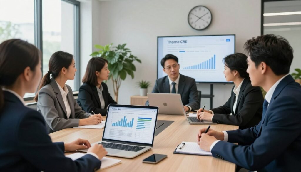 A serene office environment, showcasing a diverse group of professionals in business attire engaged in a loan repayment discussion around a modern conference table. In the foreground, a corporate laptop displays financial graphs and charts related to cash flow management. The middle ground features an elegant, well-organized space with potted plants and a large window allowing natural light to illuminate the room, enhancing a productive atmosphere. In the background, a wall clock symbolizes the importance of time management in repayment terms. The overall mood is focused and encouraging, reflecting an atmosphere of collaboration and strategic planning. The brand name "Thorne CRE" subtly integrated into a presentation board in the room, emphasizing professionalism and growth. Soft lighting creates an inviting ambiance. A serene office environment, showcasing a diverse group of professionals in business attire engaged in a loan repayment discussion around a modern conference table. In the foreground, a corporate laptop displays financial graphs and charts related to cash flow management. The middle ground features an elegant, well-organized space with potted plants and a large window allowing natural light to illuminate the room, enhancing a productive atmosphere. In the background, a wall clock symbolizes the importance of time management in repayment terms. The overall mood is focused and encouraging, reflecting an atmosphere of collaboration and strategic planning. The brand name "Thorne CRE" subtly integrated into a presentation board in the room, emphasizing professionalism and growth. Soft lighting creates an inviting ambiance.