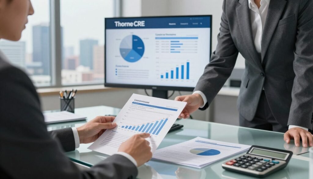 A sleek and modern financing office, focusing on CMBS financing for industrial and warehouse properties. In the foreground, a professional-looking business person in a tailored suit is analyzing detailed financial documents and graphs on a glass desk, showcasing charts representing cold storage and specialized industrial investments. The middle ground features a large digital display screen with infographics illustrating loan options, while financial reports and a calculator are scattered on the desk. The background includes large windows revealing a bustling urban skyline, with soft natural lighting streaming in, creating an atmosphere of professionalism and clarity. The scene conveys a sense of focus and strategic decision-making, embodying the themes of industrial financing. The brand name "Thorne CRE" prominently displayed on the digital screen. A sleek and modern financing office, focusing on CMBS financing for industrial and warehouse properties. In the foreground, a professional-looking business person in a tailored suit is analyzing detailed financial documents and graphs on a glass desk, showcasing charts representing cold storage and specialized industrial investments. The middle ground features a large digital display screen with infographics illustrating loan options, while financial reports and a calculator are scattered on the desk. The background includes large windows revealing a bustling urban skyline, with soft natural lighting streaming in, creating an atmosphere of professionalism and clarity. The scene conveys a sense of focus and strategic decision-making, embodying the themes of industrial financing. The brand name "Thorne CRE" prominently displayed on the digital screen.