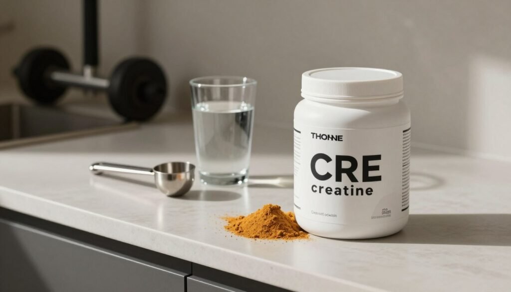 A sleek and modern kitchen countertop with a container of Thorne CRE creatine powder prominently displayed in the foreground. The container is white with a minimalist design, showcasing a portion of the vibrant powder next to it. In the middle ground, a glass filled with water and a stainless steel scoop adds a touch of dynamism. The background features a blurred image of fitness equipment, enhancing the sense of an active lifestyle. Use soft, natural lighting to create a warm and inviting atmosphere, capturing the essence of health and wellness. The angle should be slightly elevated, focusing on the product while providing a sense of space and movement. Overall, the image conveys a serious yet inspiring mood, perfect for a product overview.