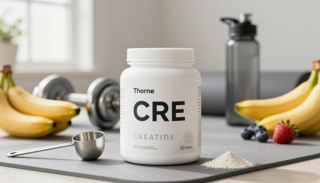 A sleek, modern container of "Thorne CRE" creatine sits prominently in the foreground, showcasing its minimalist branding and vibrant colors against a soft-focus background. The container is circular, with an easy-to-open lid, giving a glimpse of its white powdery contents. Surrounding the creatine are elements symbolizing fitness and health: a stainless steel scoop, a water bottle, and fresh fruits like bananas and berries, arranged artistically. The middle ground features subtle exercise equipment, such as a dumbbell and a yoga mat, adding context without distraction. Natural light flows in from a nearby window, creating soft shadows and highlighting the product's sheen. The atmosphere is energetic yet serene, capturing the essence of health and wellness, ideal for fitness enthusiasts.