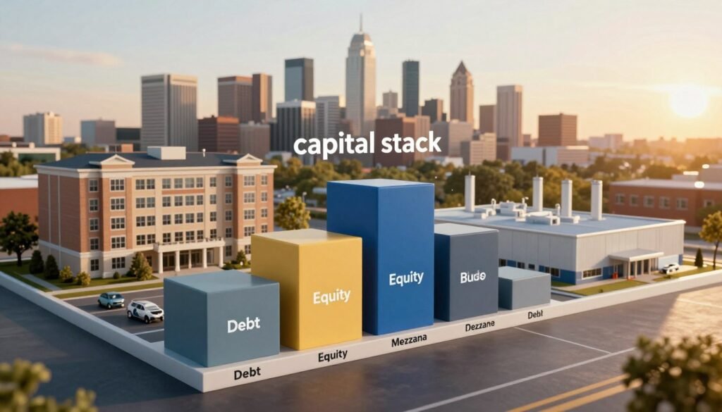 A sleek, modern graphic illustrating a "capital stack" for real estate deals, featuring a multi-layered structure of various financing sources. In the foreground, visually distinct blocks labeled with different capital types such as debt, equity, and mezzanine financing, depicted in varying heights and colors to convey hierarchy. The middle ground shows a stylized representation of a multifamily residential building on one side and an industrial facility on the other, signifying the types of deals discussed. The background features a skyline of Ohio cities, bathed in warm, golden sunlight to evoke optimism and growth. The image should be captured with a wide-angle lens, ensuring dynamic perspective, while maintaining a professional and polished mood. Include subtle branding elements representing "Thorne CRE" integrated into the design.