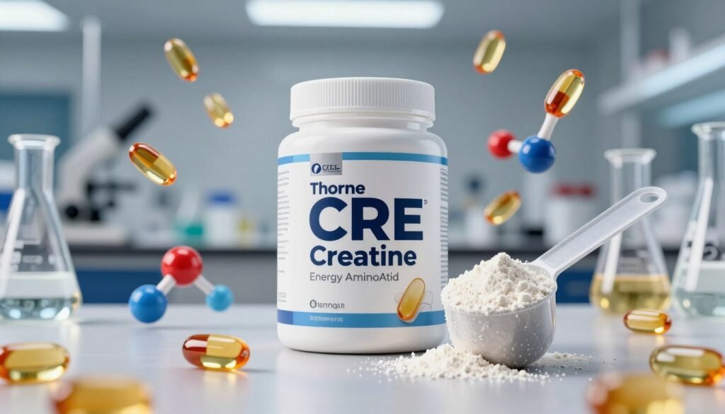A sleek, modern laboratory setting featuring a high-quality container of "Thorne CRE" creatine surrounded by vibrant amino acid structures. In the foreground, a beautifully designed measuring scoop is filled with creatine powder, glistening under soft, diffused lighting that highlights its texture. In the middle ground, various amino acid molecules float in a dynamic arrangement, conveying energy and vitality. The background showcases lab equipment, like beakers and test tubes, subtly blurred to emphasize the subject. Use a low-angle perspective to create depth and convey the importance of the product. The mood is energetic and innovative, suggesting scientific advancement and health benefits associated with Thorne Creatine, the “Energy Amino Acid.”